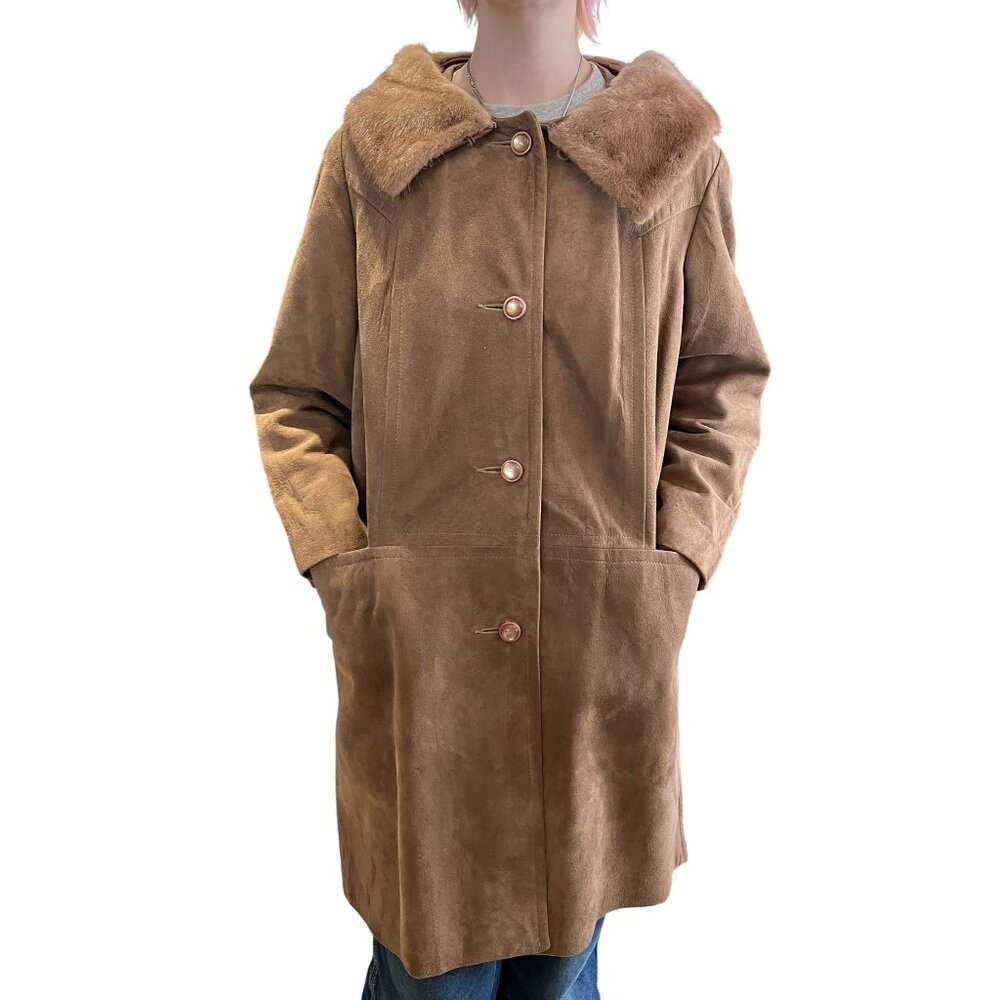 1960s Vintage Suede Coat With Mink Fur Collar Moonglow Buttons Satin Lining M - Picture 2 of 13